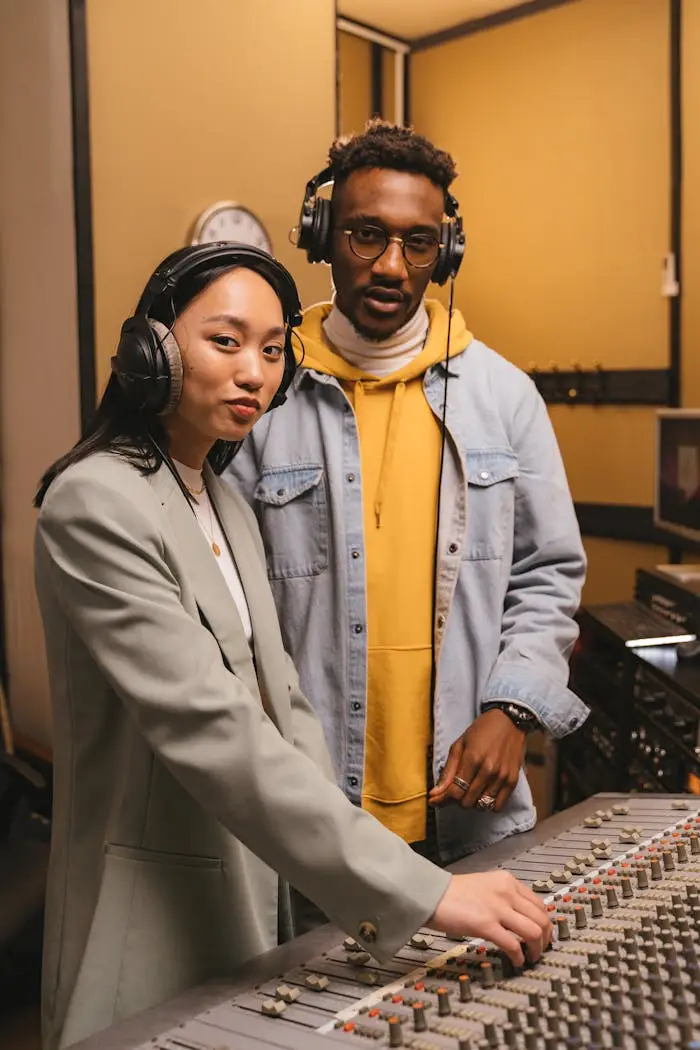 A man and woman collaborate in a professional recording studio setting.